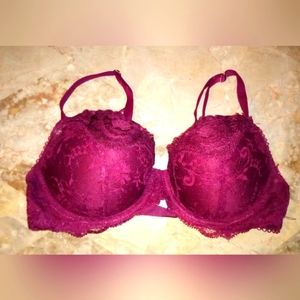 Victoria's Secret Dream Angels Lace Overlay Lined Deni Bra 32C Wine Push Up